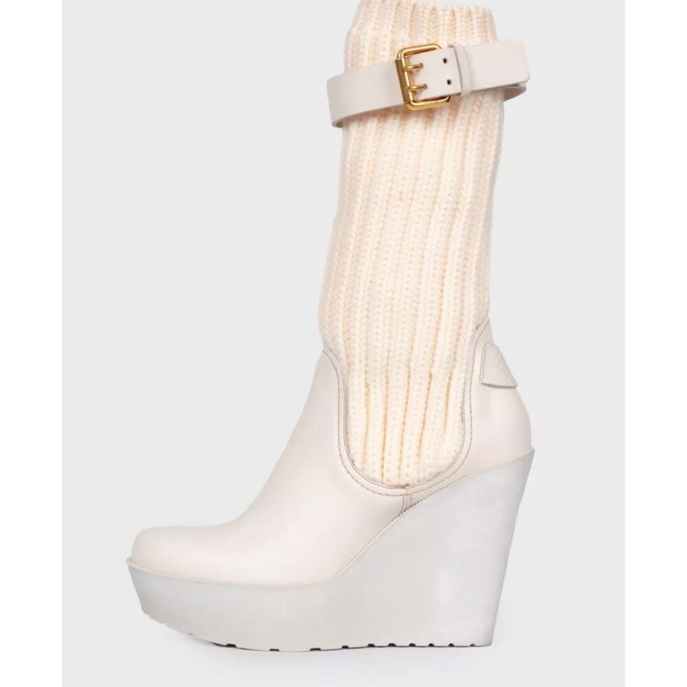 Gucci Beige Fabric & Leather Buckle Wedge Sock Boots Sz.37